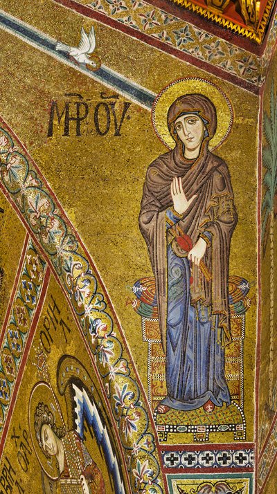 Announciate Virgin, Byzantine mosaic with a golden background in the tympanum of the apse by Byzantine