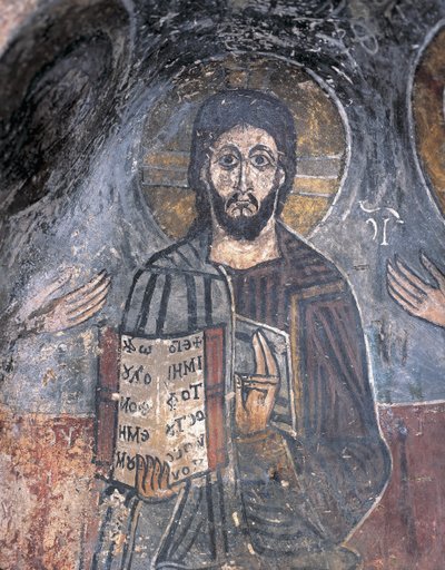 Close-up of a fresco of Christ Pantocrator, Zoupena, Sparta, Peloponnesus, Greece by Byzantine