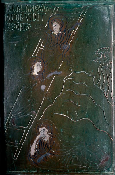Jacob sees in dream the angels ascending and descending the bronze door tile scale made in Constantinople in 1076. Monte Sant