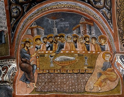Last Supper, Byzantine fresco (12th century), Karanlik Kilise (Dark Church), Goreme by Byzantine