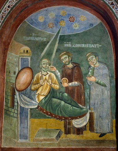 Saint Eldrad dying receiving the Eucharist (detail), Stories of Saint Eldrad, Romanesque fresco, Chapel of Saint Eldrad and Saint Nicholas, Novalesa Abbey, Piedmont, Italy (late 11th century) by Byzantine