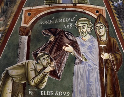 Saint Eldrad returns from Santiago de Compostela and receives religious habit from abbot of Novalesa, Stories of life of Saint Eldrad, Chapel of Saint Eldrad and Saint Nicholas, Novalesa Abbey, Piedmont, Italy by Byzantine