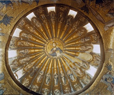 Turkey, Istanbul, Church of St. Savior in Chora (Holy Savior-in-Chora) (Karyie Camii). South dome of the narthex with Christ in the center. Byzantine art realized between 1315 and 1321 by Byzantine