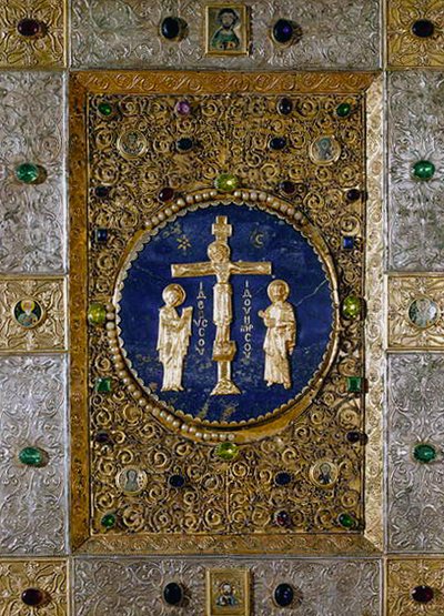 Icon depicting Christ on the cross between the Virgin and St. John the Baptist with medallions of the Four Evangelists by Byzantine Byzantine