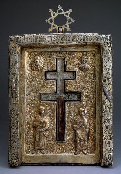 Gilded Silver Staurothek Cross Reliquary, Byzantine, 12th Century by Byzantine Byzantine