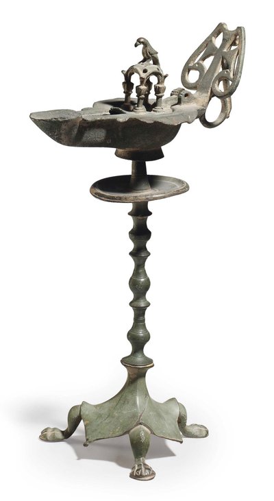 A Byzantine Bronze Oil Lamp and Stand, c.5th-6th Century AD by Byzantine School