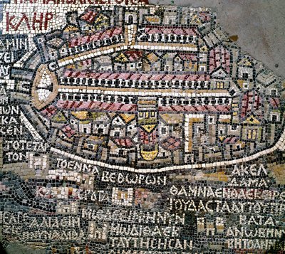 Byzantine art: oldest map of Palestine. Detail representing Jerusalem. Mosaic of the 6th century. Madaba, Church of St. George by Byzantine School