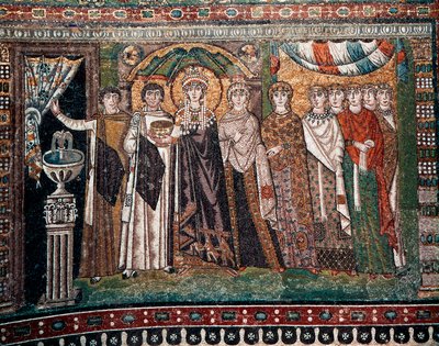 Empress Theodora with her court of two ministers and seven women, c.547 AD by Byzantine School