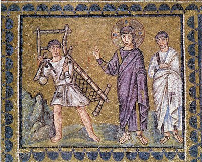 Guerison of the Paralytic, Church of St. Apollinar the Nine of Ravenna, mural mosaic, Italy, 6th century by Byzantine School