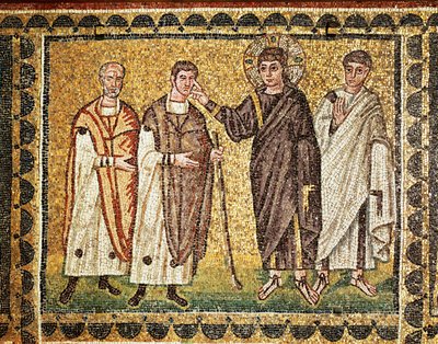 Jesus Heals Two Blind Men, an Apostle Behind Him by Byzantine School