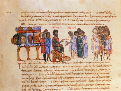 Ambassador from Kiev Sent by King Vladimir (978-1015) is Told about Christianity by a Byzantine Bishop, from the Madrid Skylitzes by Byzantine School