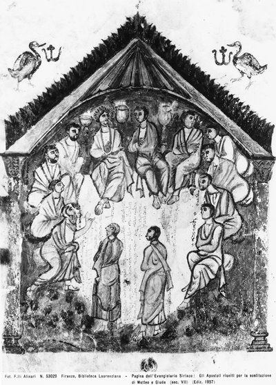 The apostles gathered for the replacement of Judas by Matthias, folio from the Rabula Gospels by Byzantine School