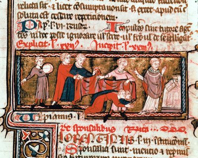 Wedding scene, the spouses are covered with a cloth, symbol of their union. Miniature taken from the Justinian Code by Byzantine School