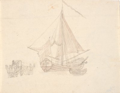 A Ship with Sails and a Pennant and a Dinghy. To the Left Two Horse-Drawn Carriages by C.A. Lorentzen
