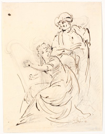 Lady playing the harp. Behind her a man in a turban by C.A. Lorentzen