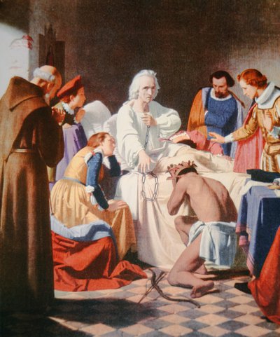 Columbus on his death bed, holding the chains in which he returned from his third voyage by J.B. and Brown J. Rowbotham