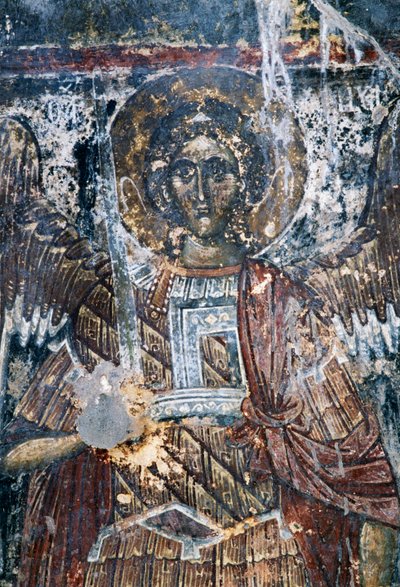 Horse, damaged fresco on ceiling of the church of Agios Vasileios, Vavouledo, Crete, Greece by J.B. and Brown J. Rowbotham