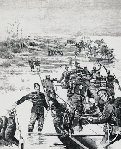 Japanese troops under the command of Yamagata Aritomo crossing the Yalu river by J.B. and Brown J. Rowbotham