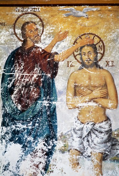 Jesus being baptized by St John, fresco in church of monastery of St John Theologian (Unesco World Heritage List) by J.B. and Brown J. Rowbotham