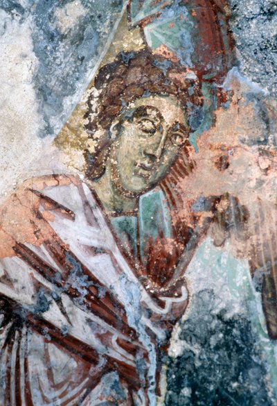 Male figure, damaged fresco on ceiling of church of Agios Vasileios, Vavouledo, Crete, Greece by J.B. and Brown J. Rowbotham