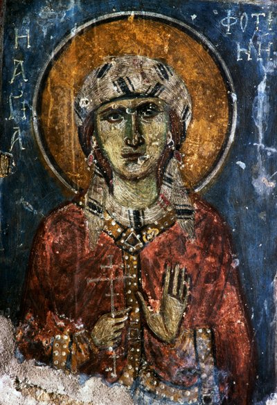 Saint, fresco in the Byzantine church of Agios Georgios Sfakiotis, Diavaide, Crete, Greece by J.B. and Brown J. Rowbotham