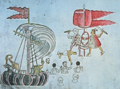 Spanish soldiers of Hernan Cortes wade ashore in 1519 to battle the Aztecs, copied from the Codex Azcatitlan, c.1550 by J.B. and Brown J. Rowbotham