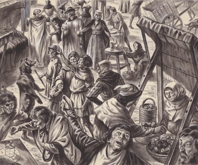 Merchants at a medieval fair by C.L. Doughty