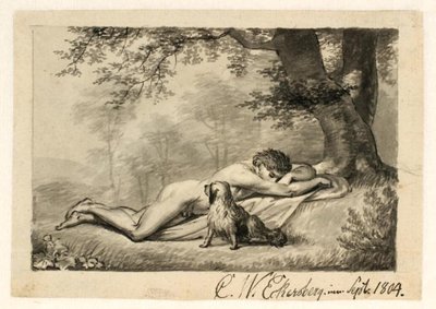 A naked young man sleeping at the foot of a tree, with a dog by his side by Christoffer Wilhelm Eckersberg