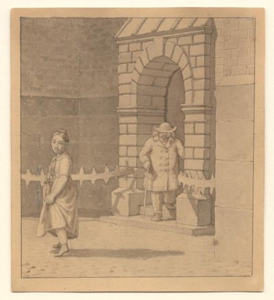 Street Scene with a Young Girl Lifting Her Skirt; in the Background an Elderly Man with a Cane by Christoffer Wilhelm Eckersberg
