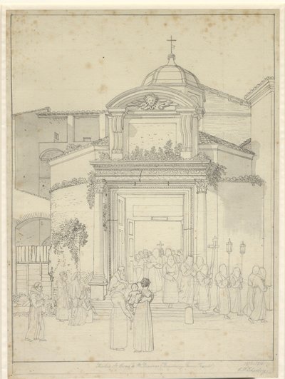 Church of Saints Cosmas and Damian (Temple of Romulus and Remus) with Monks in Procession Exiting the Church Door by Christoffer Wilhelm Eckersberg
