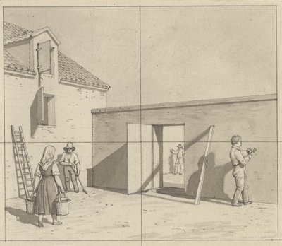 Linear Perspectives, Applied to Painting - Draft for Unused Illustration - Danish Courtyard with Four Farmers and Craftsmen by Christoffer Wilhelm Eckersberg
