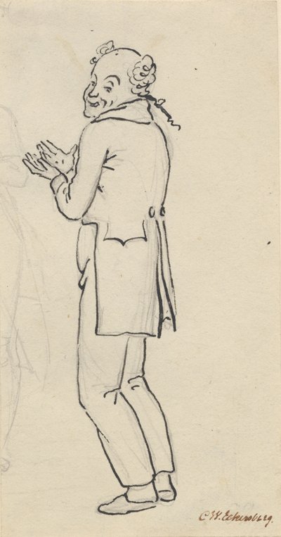 Satirical Sheet; A Smiling Man, Seen from the Side, with Both Hands in Front of the Chest, and Part of a Light Pencil Sketch [Cut Off] by Christoffer Wilhelm Eckersberg
