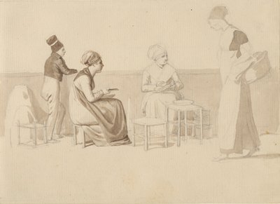 Scene from a Yard or Quay in Paris. Four Sitting, Standing, and Walking Figures. by Christoffer Wilhelm Eckersberg
