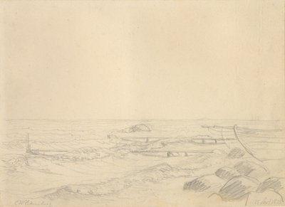 Beach Scene with Waves Crashing Against Rocks and a Bathing Jetty by Christoffer Wilhelm Eckersberg