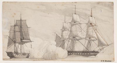 Two Warships in Battle (the English Frigate Shannon and the American Frigate Chesapeake?) by Christoffer Wilhelm Eckersberg