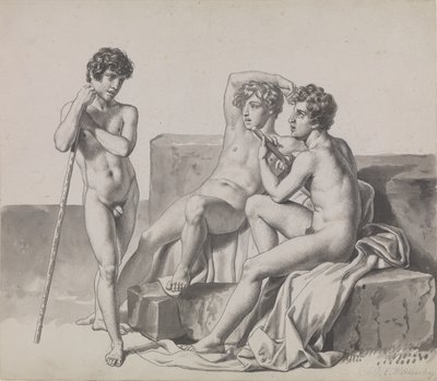 Three Young Naked Boys Standing or Sitting Among Stone Blocks by Christoffer Wilhelm Eckersberg