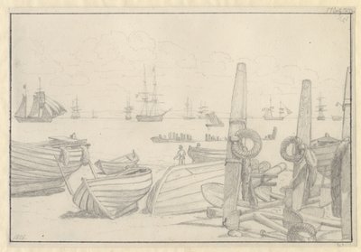 View from the Beach South of Helsingør towards the Guard Ship, the Brig "Falster" by Christoffer Wilhelm Eckersberg