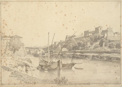 View over the Tiber at Porto di Ripa Grande outside Porta Portese towards Marmorata and the Churches on Monte Aventino, Rome by Christoffer Wilhelm Eckersberg