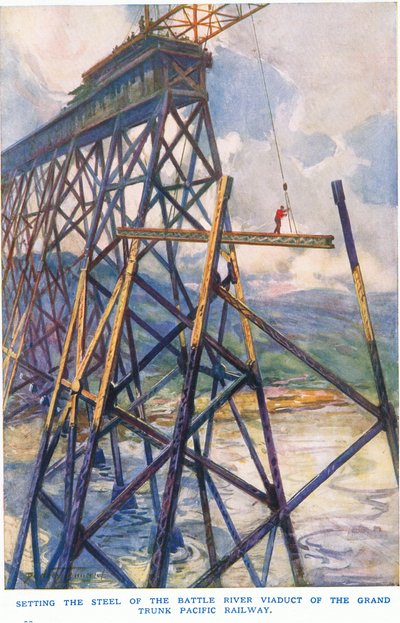 Setting Steel on the Battle River Viaduct of the Grand Trunk Pacific Railway by C. Dudley Tennant