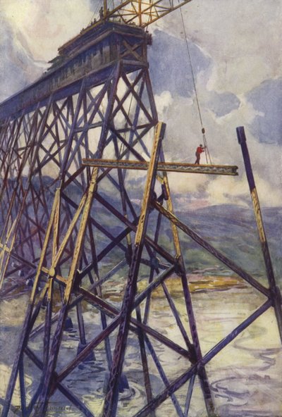 Setting the Steel of the Battle River Viaduct of the Grand Trunk Pacific Railway, Canada by C. Dudley Tennant