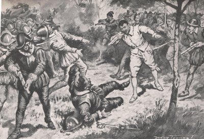 The Admiral, followed by his party, ran headlong at the Vera Cruz Guard, illustration from 