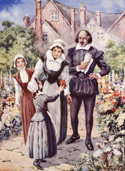 William Shakespeare, with his wife and two daughters, in the garden at New Place, Stratford-upon-Avon by C. Dudley Tennant