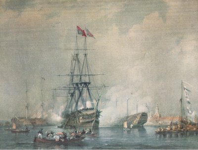 H M S Victory firing a Royal Salute at Portsmouth Harbour, from British Adventure published by Collins, 1947 by C. J. M. Whichello