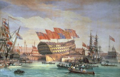 The Launching of HMS Trafalgar at Chatham, July 1820 by C. John Mayle Whichelo
