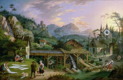 Picture Clock with scene of an Alpine village landscape with clock mechanism in church tower by C. L. Hoffmeister