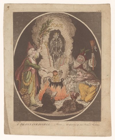 Caricature of the Peace of Amiens, 1802 (A Phantasmagoria; - Scene - Conjuring-up an Armed Skeleton) by C. Starcke