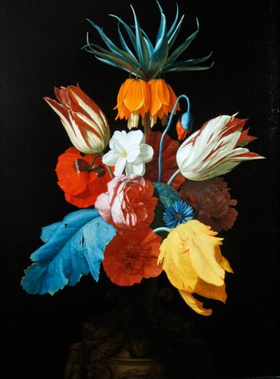 A bouquet of flowers in a sculpted vase by C. van der Radt