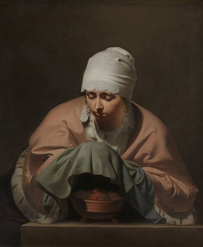 A Young Woman Warming her Hands over a Brazier: Allegory of Winter by Cesar Boetius van Everdingen