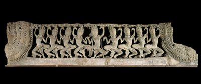Arts of Khmer. Lower pediment register: nine dancing apsaras. Low relief in gres, late 12th - early 13th century. Bayon style. From Cambodia, Bayon temple. Paris, Musee Guimet - Musee national des Arts Asians by Cambodian