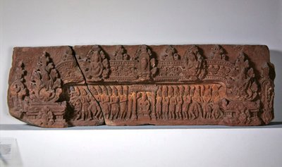Lintel depicting the myth of the origin of the Linga and coronation of a king by Cambodian Cambodian